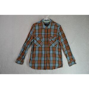 Hurley Women's XL Button Down Shirt Orange Blue Plaid Casual Flannel Long Sleeve